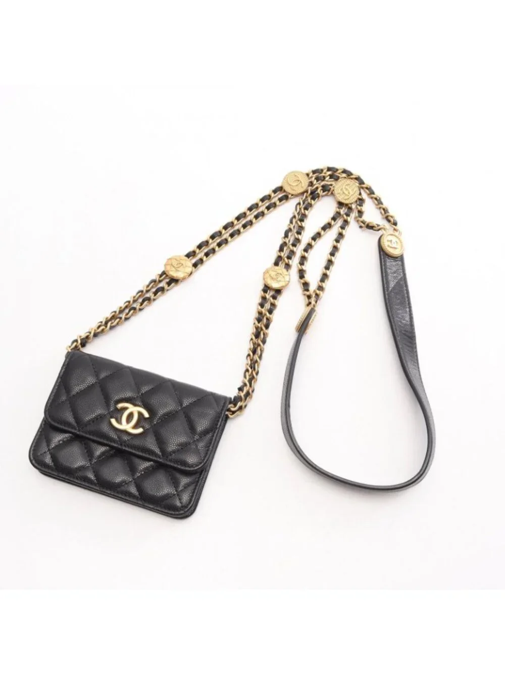 Chanel Shoulder Bag Quilted Card Slot Black Caviar Leather Classic Flap